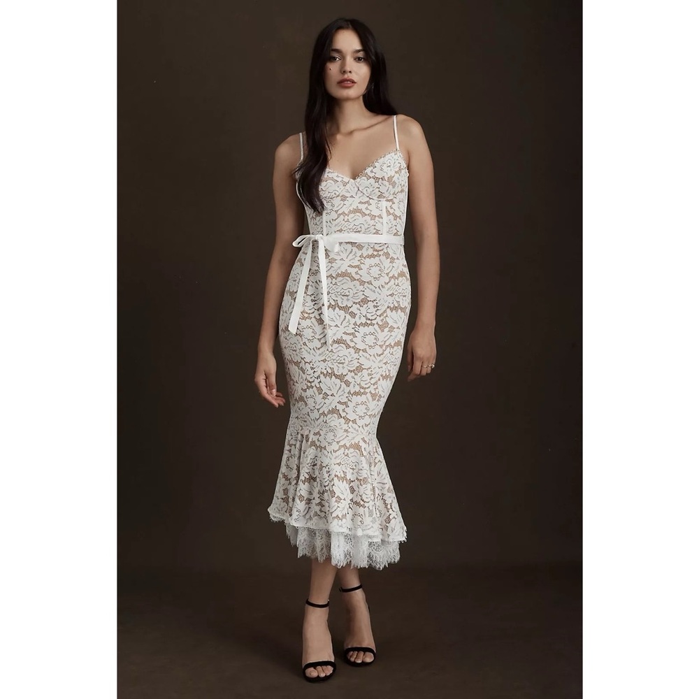 V. Chapman Naomi Stretch‎ Lace Corset Flounce-Hem Midi Dress in White